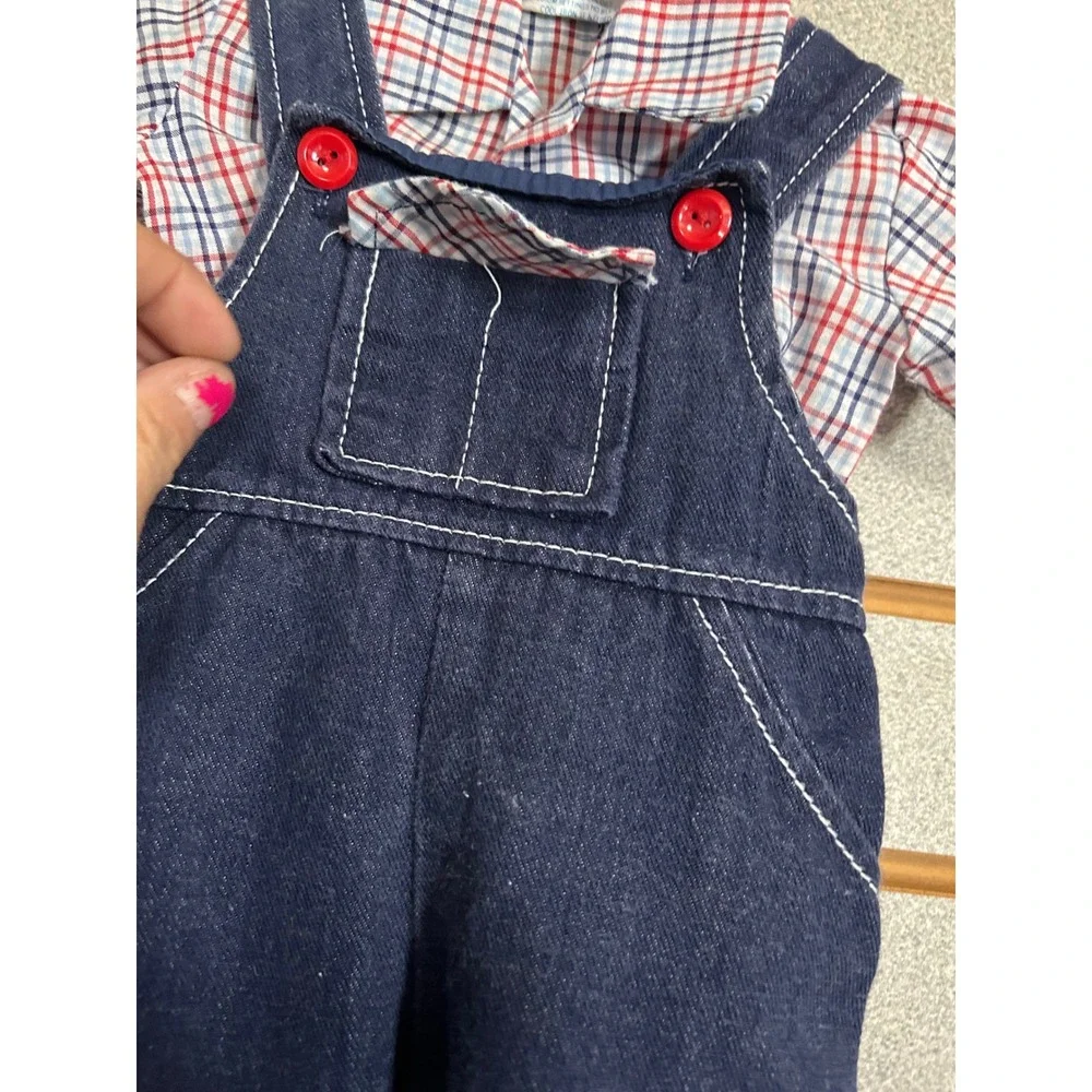 Vintage Cotton Candy Kids Denim Overalls and Plaid Shirt 2 Piece Set Blue Red
